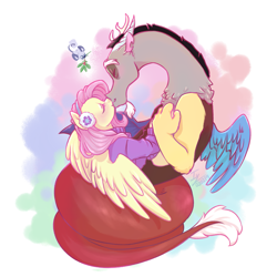 Size: 2449x2449 | Tagged: safe, artist:yami-sempai, discord, fluttershy, draconequus, pegasus, pony, discoshy, eyes closed, female, kissing, male, mare, shipping, straight, winterchilla