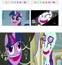 Size: 751x786 | Tagged: safe, derpibooru import, screencap, derpy hooves, rarity, twilight sparkle, twilight sparkle (alicorn), alicorn, pony, unicorn, best gift ever, sparkle's seven, chalkboard, comparison, crown, derpibooru, eye reflection, faic, hard-won helm of the sibling supreme, jewelry, juxtaposition, looking at something, meta, narrowed eyes, offscreen character, pudding face, reflection, regalia, wide eyes, wrong aspect ratio