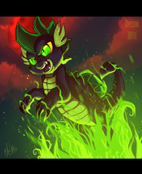 Size: 850x1041 | Tagged: dead source, safe, artist:dezzoi, spike, dragon, badass, fire, leaping, male, solo