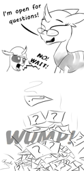 Size: 1250x2551 | Tagged: safe, artist:chopsticks, oc, oc only, oc:berzie, oc:stainless key, changedling, changeling, changedling oc, changeling oc, comic, cute, dialogue, funny, glasses, hard hat, meta, monochrome, text, warning