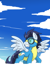 Size: 612x792 | Tagged: safe, artist:himanuts, soarin', pegasus, pony, clothes, cloud, goggles, grin, looking back, male, sky, smiling, stallion, uniform, wonderbolts uniform