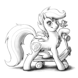 Size: 1000x1000 | Tagged: safe, artist:blue-paint-sea, scootaloo, looking at you, monochrome, scooter, signature, simple background, sketch, smiling, solo, white background