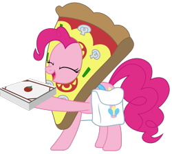 Size: 2055x1844 | Tagged: safe, artist:sonofaskywalker, pinkie pie, earth pony, pony, school raze, clothes, costume, cute, eyes closed, female, food, mare, pizza, pizza box, pizza delivery, pizza pie, saddle bag, simple background, solo, transparent background, vector