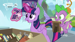 Size: 1920x1080 | Tagged: safe, screencap, spike, star swirl the bearded, twilight sparkle, twilight sparkle (alicorn), alicorn, dragon, g1, the point of no return, book, box, meta, scroll, waterfall, winged spike