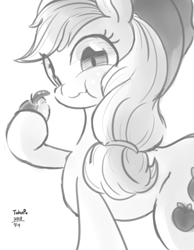 Size: 700x900 | Tagged: safe, artist:tohupo, applejack, earth pony, pony, apple, applejack's hat, cowboy hat, female, food, hat, looking at you, mare, monochrome, solo