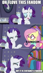 Size: 500x843 | Tagged: safe, edit, edited screencap, screencap, fluttershy, rarity, pegasus, pony, unicorn, fake it 'til you make it, alternate hairstyle, comic, fandom, hipstershy, it is definitely a fandom meme, meme, screencap comic, text