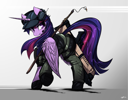 Size: 3696x2893 | Tagged: safe, artist:mirapony, derpibooru import, twilight sparkle, twilight sparkle (alicorn), alicorn, pony, cap, clothes, crossover, gun, hat, headset, implied twidash, keychain, looking back, plot, ranger, shotgun, signature, solo, sword, twibutt, weapon, x-com, xcom 2