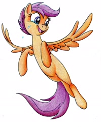 Size: 1647x2071 | Tagged: safe, artist:celestial-rainstorm, scootaloo, crying, flying, older, older scootaloo, scootaloo can fly, simple background, solo, tears of joy, traditional art, white background