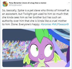 Size: 617x594 | Tagged: safe, editor:pony-berserker, spike, oc, oc:berzie, dragon, equestria games (episode), drama bait, male, meta, op is a cuck, op is trying to be funny, op is trying to start shit, op is trying to start shit so badly that it's kinda funny, op is trying too hard, op is wrong, scared, spike drama, twitter