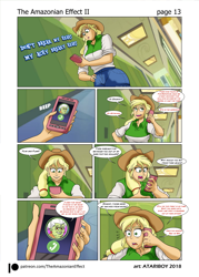 Size: 1681x2344 | Tagged: safe, artist:atariboy2600, artist:bluecarnationstudios, applejack, granny smith, comic:the amazonian effect, comic:the amazonian effect ii, equestria girls, canterlot high, cellphone, clothes, comic, cowboy hat, hallway, hat, lockers, phone, smartphone, speech bubble, stetson