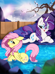 Size: 3000x4000 | Tagged: safe, artist:saralien, fluttershy, rarity, pegasus, pony, unicorn, cherry blossoms, duo, eyes on the prize, female, flower, flower blossom, hot springs, japan, mare, mist, mountain, neighpon, onsen, relaxing, rock, smiling, tree, water, wet, wet mane