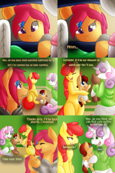 Size: 2048x3072 | Tagged: safe, artist:wavemasterkaz, apple bloom, scootaloo, sweetie belle, oc, oc:lightning blitz, pegasus, pony, comic:ask motherly scootaloo, baby, baby bottle, baby pony, blank flank, bottle, clothes, colt, comic, cutie mark crusaders, dialogue, diaper, foal, hairpin, holding a pony, male, motherly scootaloo, offspring, older, older apple bloom, older scootaloo, older sweetie belle, parent:rain catcher, parent:scootaloo, parents:catcherloo, sweater, sweatshirt