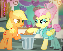 Size: 1100x891 | Tagged: safe, artist:pixelkitties, applejack, fluttershy, earth pony, pegasus, pony, fake it 'til you make it, applejack wants her hat back, clothes, cowboy hat, duo, female, hat, mare, severeshy, this will end in angry countryisms, this will end in pain, this will end in pain and/or angry countryisms, trash can