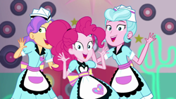 Size: 1280x720 | Tagged: safe, screencap, pinkie pie, tip top, coinky-dink world, eqg summertime shorts, equestria girls, cute, diapinkes, diner, diner uniform, doo wop, female, record, server pinkie pie, smiling, sunny sugarsocks, trio, trio female, waitress