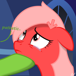 Size: 1500x1500 | Tagged: safe, artist:arifproject, oc, oc:downvote, oc:upvote, earth pony, pony, crying, derpibooru, derpibooru ponified, female, floppy ears, frown, hair ornament, hair over one eye, hoof hold, hooves, lidded eyes, looking up, mare, meta, offscreen character, pathetic, ponified, sad, simple background, solo focus, teary eyes, text, vector, wide eyes