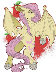 Size: 2016x2598 | Tagged: safe, artist:theeclipticlion, fluttershy, bat pony, pony, apple, bat ponified, big ears, cutie mark, fangs, female, floppy ears, flutterbat, flying, food, horseshoes, lidded eyes, looking back, mare, race swap, rear view, simple background, solo, spread wings, transparent background, underhoof, wing claws, wings