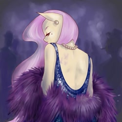 Size: 2000x2000 | Tagged: safe, artist:annaniderlanna, fluttershy, anthro, alternative cutie mark placement, clothes, dress, ear piercing, female, jewelry, mare, necklace, pearl necklace, piercing, wingless, wingless anthro