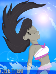 Size: 1512x2016 | Tagged: safe, artist:cyber-murph, octavia melody, equestria girls, beautisexy, belly button, bikini, bow, clothes, eyes closed, hair flip, midriff, ocean, signature, splash, sun, swimming, swimsuit