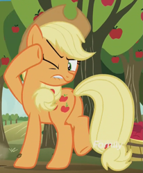 Size: 851x1033 | Tagged: safe, screencap, applejack, earth pony, pony, grannies gone wild, apple tree, cropped, discovery family logo, female, mare, one eye closed, plot, raised hoof, solo, tree