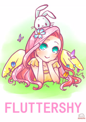 Size: 3507x4960 | Tagged: safe, artist:天然卷牙齿的蛀虫, angel bunny, fluttershy, butterfly, human, rabbit, blushing, clothes, female, flower, flower in hair, grass, humanized, smiling, winged humanization, wings