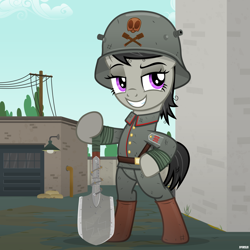 Size: 4600x4600 | Tagged: safe, artist:a4r91n, octavia melody, earth pony, pony, absurd resolution, bandage, barbed wire, bipedal, clothes, cloud, female, german, grin, helmet, kriegtavia, looking away, mare, messy mane, military uniform, pose, shovel, sky, smiling, solo, stahlhelm, world war i
