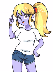 Size: 2598x3472 | Tagged: safe, artist:sumin6301, cloudy kicks, equestria girls, breasts, clothes, female, looking at you, open mouth, ponytail, shorts, simple background, solo, standing, watch, white background, white shirt
