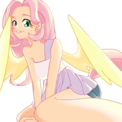 Size: 650x650 | Tagged: safe, artist:喵小菌瞳盐, fluttershy, human, denim shorts, female, humanized, kneeling, solo, tailed humanization, winged humanization