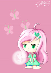 Size: 2894x4093 | Tagged: safe, artist:琥珀莓砸-amberry, fluttershy, butterfly, human, clothes, female, humanized, looking at you, signature, solo