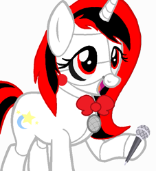 Size: 583x641 | Tagged: safe, oc, oc only, oc:starlight blitz, pony, unicorn, animatronic, five nights at freddy's, microphone, simple background, solo, white background