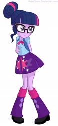 Size: 1600x3468 | Tagged: safe, artist:wawtoons, sci-twi, twilight sparkle, equestria girls, arm behind back, backpack, bowtie, clothes, clothes swap, cute, equestria girls outfit, glasses, hair bun, leg warmers, pleated skirt, shoes, simple background, skirt, solo, twiabetes, vector, watermark, white background