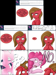 Size: 1335x1800 | Tagged: safe, artist:hewhoerasesmost, pinkie pie, oc, oc:pun, earth pony, pony, ask, ask pun, female, hotblooded pinkie pie, mare, no