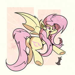 Size: 1280x1280 | Tagged: safe, artist:turtlefarminguy, fluttershy, bat pony, pony, apple core, bat ponified, fangs, flutterbat, race swap, tongue out