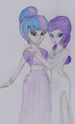 Size: 724x1200 | Tagged: safe, artist:marta4708, derpibooru import, rarity, twilight sparkle, human, female, humanized, lesbian, rarilight, shipping, traditional art