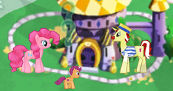 Size: 576x304 | Tagged: safe, flam, pinkie pie, scootaloo, earth pony, pony, adoption, female, flampie, gameloft, gameloft shenanigans, male, scootadoption, shipping, straight