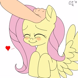 Size: 3000x3000 | Tagged: safe, artist:tomtornados, fluttershy, pegasus, pony, blushing, cute, eyes closed, female, head pat, heart, high res, mare, pat, petting, shyabetes, simple background, smiling, solo, spread wings, white background, wings