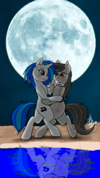 Size: 720x1280 | Tagged: safe, artist:theuzbee, dj pon-3, octavia melody, vinyl scratch, earth pony, pony, bipedal, bowtie, cute, dancing, female, lesbian, moon, over the moon, request, scratchtavia, shipping, tango