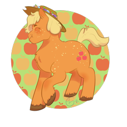 Size: 1500x1500 | Tagged: safe, artist:johnathan-leviathan, applejack, earth pony, pony, abstract background, alternate hairstyle, blushing, cutie mark, cutie mark background, dappled, eyes closed, female, floral head wreath, flower, freckles, happy, hat, mare, scrunchy face, simple background, solo, transparent background