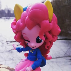 Size: 1080x1080 | Tagged: safe, artist:artofmagicpoland, artist:flanksyofficial, pinkie pie, equestria girls, doll, equestria girls minis, forest, lake, solo, toy, winter