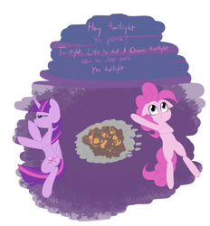 Size: 2410x2592 | Tagged: safe, artist:jonathan the awesome, derpibooru exclusive, derpibooru import, pinkie pie, twilight sparkle, twilight sparkle (alicorn), alicorn, earth pony, pony, campfire, dialogue, ponk, star trek