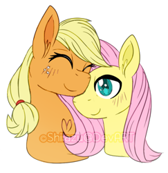 Size: 600x617 | Tagged: safe, artist:shiiazu, applejack, fluttershy, earth pony, pegasus, pony, appleshy, blushing, bust, eyes closed, female, freckles, hair tie, lesbian, mare, missing accessory, nuzzling, shipping, simple background, smiling, transparent background, watermark