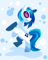 Size: 2000x2500 | Tagged: safe, artist:starstruckmana, dj pon-3, vinyl scratch, pony, unicorn, abstract background, dancing, female, looking back, mare, rearing, signature, smiling, solo