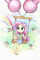 Size: 669x982 | Tagged: safe, artist:astevenamedwolf, fluttershy, human, equestria girls, animal crossing, balloon, barefoot, clothes, cloud, cute, feet, female, isabelle, rainbow, shirt, shyabetes, sitting, skirt, sky, smiling, solo, traditional art, tree