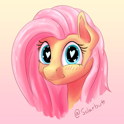 Size: 2640x2640 | Tagged: safe, artist:solarbutt, fluttershy, pegasus, pony, blushing, bust, cute, female, gradient background, heart eyes, looking at you, mare, portrait, shyabetes, smiling, solo, three quarter view, wingding eyes