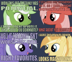 Size: 666x580 | Tagged: safe, derpibooru exclusive, editor:undeadponysoldier, oc, oc only, oc:comment, oc:downvote, oc:favourite, oc:upvote, alicorn, pegasus, pony, unicorn, bow, confidence, derpibooru, derpibooru family, derpibooru ponified, ear down, female, looking at each other, mare, meta, opinion, ponified, pony icon, sad, simple background, stars, text