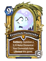 Size: 720x960 | Tagged: safe, screencap, fluttershy, pegasus, pony, ail-icorn, spoiler:interseason shorts, card, fluttercold, freezing, hearthstone, jaina proudmoore, shivering, shrunken pupils, snow, warcraft