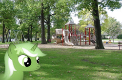 Size: 668x439 | Tagged: safe, derpibooru exclusive, edit, editor:undeadponysoldier, oc, oc only, oc:upvote, pony, unicorn, bench, derpibooru, derpibooru ponified, female, grass, irl, mare, meta, park, photo, playground, ponies in real life, ponified, slide, solo, swing set, tree