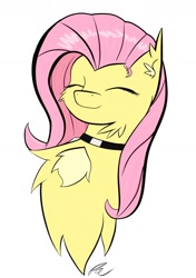 Size: 1200x1705 | Tagged: artist needed, safe, fluttershy, pegasus, pony, bust, chest fluff, choker, chokershy, eyes closed, signature, smiling