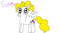 Size: 1559x877 | Tagged: safe, artist:danishtreats, surprise, pegasus, pony, g1, g1 to g4, generation leap, grin, looking at you, misspelling, simple background, smiling, solo, spread wings, white background