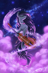 Size: 2000x3000 | Tagged: safe, artist:1jaz, octavia melody, earth pony, pony, bow (instrument), cello, cloud, eyes closed, female, high res, hoof hold, mare, music notes, musical instrument, night, redraw, sky, solo, starry night, stars