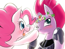 Size: 1600x1200 | Tagged: safe, artist:phoenixperegrine, fizzlepop berrytwist, pinkie pie, tempest shadow, earth pony, pony, blushing, boop, duo, floral head wreath, flower, pretty pretty tempest